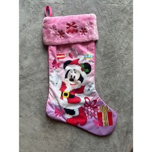 Disney‎ Mickey Mouse Christmas Stocking Pink Fur Trim Holiday Decor